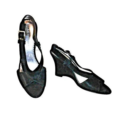 Sandalias de cuña alta de gamuza brillante negras ANNE KLEIN zapatos verdaderamente hermosos ~ 8,5 M Foto 1 de 4