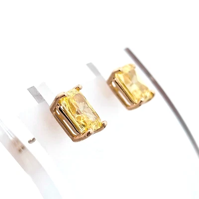 14K Emerald Shape Vivid Yellow Lab Grown DIamond With Yellow Gold Earrings Studs - Image 1 of 2