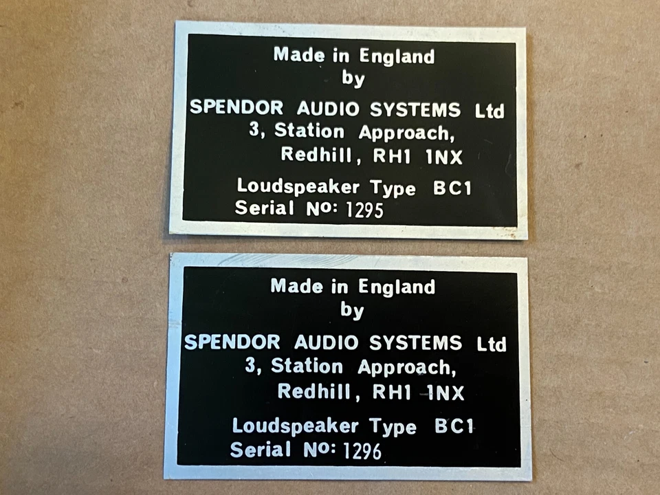 Par de Insignias Traseras Spendor BC1 Juego Muy Temprano BC-1 Foil Cals Serie # 1295 1296 Foto 1 de 4