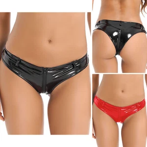 Women Patent Leather Brief Rave Hot Pants Zipper Crotch Cheeky Bottoms Underwear - Picture 1 of 36