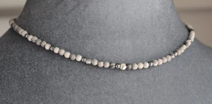 EARTH JASPER & HEMATITE 4MM ROUND NECKLACE 18" 925 STERLING SILVER - Picture 1 of 2