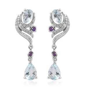 Beautiful 1.80ctw Aquamarine & Multi Gem Earrings Platinum Plated Sterling - Picture 1 of 6