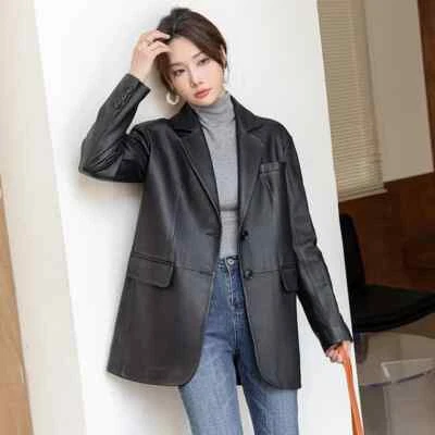 Women's Real Leather Coat Black Tow Button Oversize Coat Lined  Sports Causal XL - Image 1 of 4