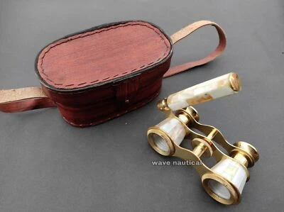 Antique Brass Binocular Mother of Pearl Opera Glasses Binocular and Leather Case - Image 1 of 4