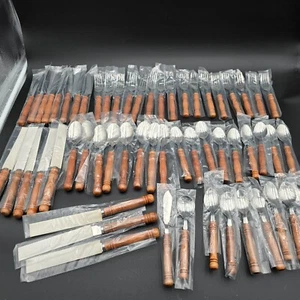 Vintage Wood Handle Flatware and Steak Knives 58 PCS Set NOS Taiwan RETRO - Picture 1 of 12