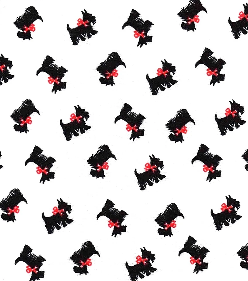 BTY*HOLIDAY BLACK SCOTTIE DOGS LAZOS ROJOS EN TELA DE ALGODÓN DE FRANELA BLANCA 42X36" Foto 1 de 1
