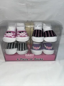 NIB Pack Of 4 Baby Essentials Girls Pink Purple Socks. 0-6 Months Misc Designs. - Picture 1 of 10