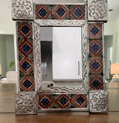 punched tin mirror mixed Talavera Tile Mexican folk art mirror 11x13 Cover