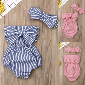 Newborn Baby Girls Romper Summer Bodysuit Ribbed Short Sleeve One-Piece Headband - Picture 1 of 11