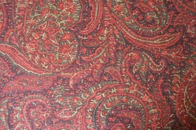 30 + yds Avail / Vintage Upholstery Red Green Brown Paisley on Linen, Kelmscott - Image 1 of 4