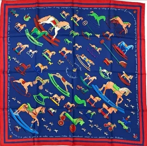HERMES Carre 90 Raconte moi le cheval Silk Scarf Blue Red Tags No Box Used. - Picture 1 of 14