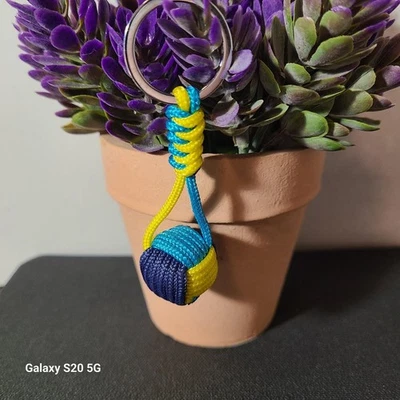 Handmade Paracord Knot Ball Keychain Navy Blue & Yellow Key Ring Accessory NWOT - Image 1 of 4