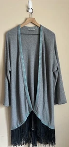 Soft Surroundings Cashmere Blend Cardigan Size Large Faux Leather Fringe Boho - Picture 1 of 5