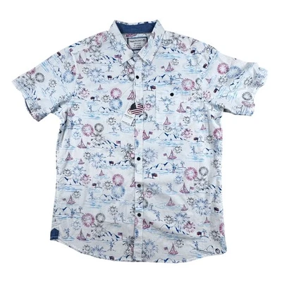 NWT Free Planet Mens Size XL Sailing Americana Short Sleeve 100% Cotton Shirt - Image 1 of 4