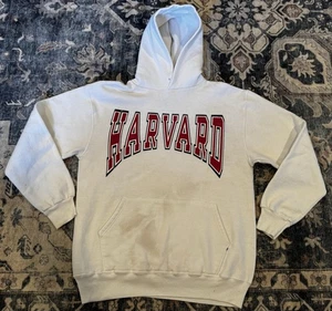 Vintage 90s Russell Athletic Harvard Hooded Sweatshirt Large White Ivy League - Picture 1 of 13