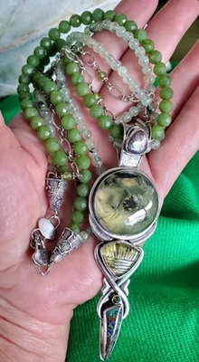 ECHO OF THE DREAMER 925 BOULDER OPAL, PREHNITE, & PERIDOT TRIPLE STRAND NECKLACE - Image 1 of 4