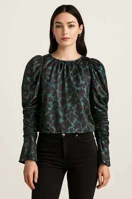 Top Topshop Mujer Negro Teal Floral Metálico Manga Abullonada Talla 6 Gótico Romántico Foto 1 de 4