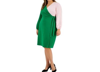 NWT Kasper Size XXL Apple Green Pink Colorblock Faux Wrap Front Dress - Image 1 of 4