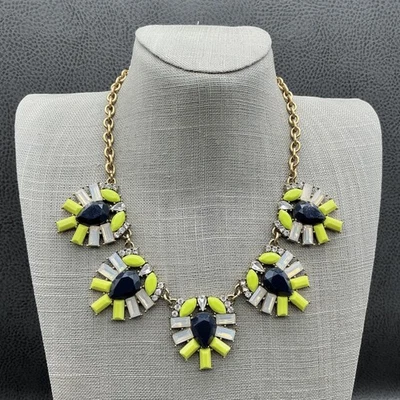J.Crew Statement Necklace Gold Tone Bib Neon Yellow Navy Blue Rhinestone Chunky - Image 1 of 4