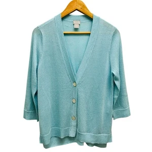 Chico’s 1 US M Blue Sparkly Cardigan 3/4 Sleeve V-Neck 3 Button Sweater - Picture 1 of 8