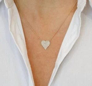 Certified 0.50 Ct Natural Diamond Pave Heart Necklace 14K White Gold 16"Chain - Picture 1 of 5