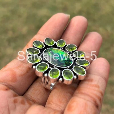 Green Quartz, Opal Gemstone Cluster Ring 925 Sterling Silver Gift For Her S7 - Image 1 of 4