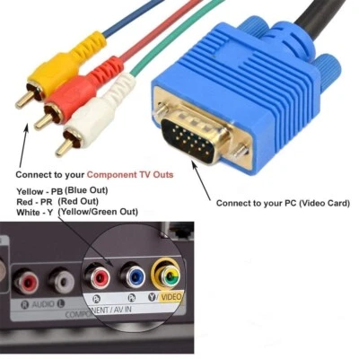 5FT/1.5M VGA to 3 RCA Cable VGA Male Cable 15 pin Digital to Analog PC TV Video - Image 1 of 4