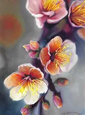 branche d'abricotier en fleur 30x 40cm peinture à l'huile chef d'oeuvre original - Photo 1/4