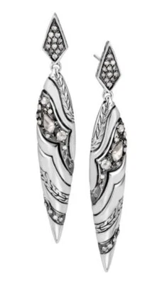 JOHN HARDY LAHAR WHITE GREY DIAMOND MARQUISE DROP EARRINGS .12TCW 2"L BNWT $1750 - Image 1 of 4
