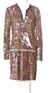 Roberto Cavalli Brown Silk  Beaded Sequin Long Sleeve Faux Wrap Dress - Picture 1 of 18