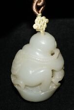Antique Chinese Pierced Nephrite Jade Pendant Boy & Toad & Coins Motif (LeS) G7