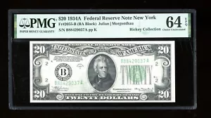DBR 1934-A $20 FRN New York Fr. 2055-B PMG 64 EPQ Serial B88429037A - Picture 1 of 2