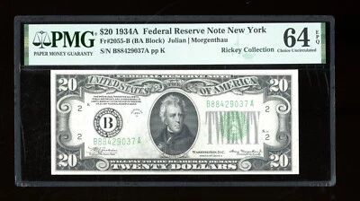 DBR 1934-A $20 FRN New York Fr. 2055-B PMG 64 EPQ Serial B88429037A - Image 1 of 2