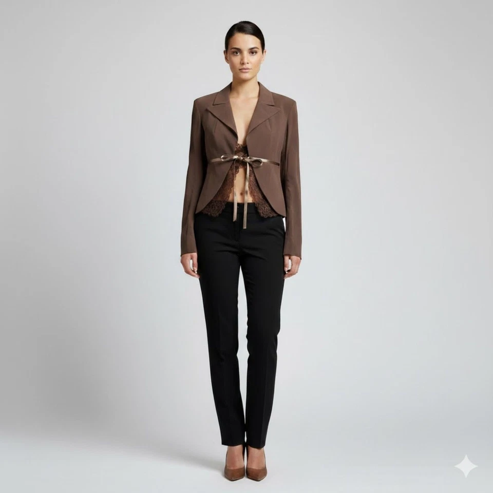 PINKO короткий тонкий кружевной отделки деталь куртка Blazer женщин 6 коричневый атласный бант новый с Ярлыками - Изображение 1 из 4