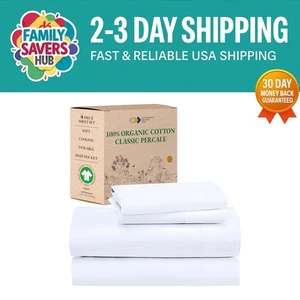 Crisp Percale Bed Sheets Set - King Size, Eco-Friendly Organic Cotton, White - Picture 1 of 11