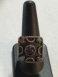 Vintage Mexico Sterling Silver Turquoise Coral and Amethyst Adjustable Ring - Picture 1 of 5