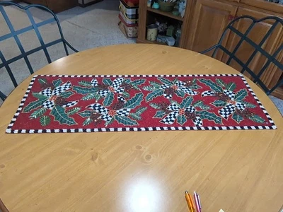 MACKENZIE-CHILDS HOLLY HOLIDAY BEADED TABLE RUNNER Never Used 36 X 13 - Image 1 of 4