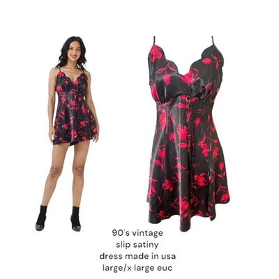 Mini vestido sin tirantes vintage años 90 negro rojo floral satinado grande/x grande. Foto 1 de 4