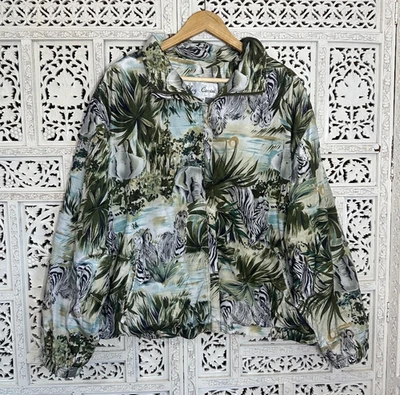 Chaqueta cortavientos vintage Oleg Cassini animal safari elefante cebra cremallera 3x Foto 1 de 4