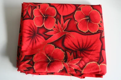 Tecido de algodão havaiano vintage flores vermelho preto dourado metálico 4 jardas + - Imagem 1 de 4