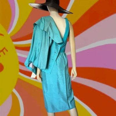 Vintage 1950s Silk Shantung Cocktail Dress Jacket Set Blue Georgette Trilère - Image 1 of 4