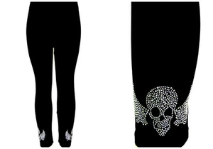 Plus Size Yoga Style Leggings Crystal & Silver Rhinestone Biker Skull Wings - Picture 1 of 3