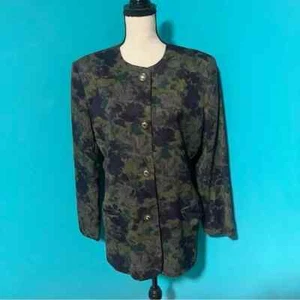 Vintage Oleg Cassini 14 Dark Green Purple Floral Button Front Blazer Jacket - Picture 1 of 6