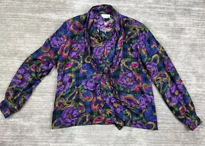 Vintage Agenda Top Womens 8 Longsleeve Button Up Blouse Floral USA Made Tie - Picture 1 of 11