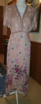 Angie Size Small Wrap Around Dress Peach Floral Crochet at Neck Split Sleeve Dee - Image 1 of 4