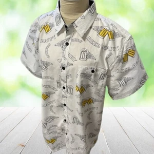 Dont Worry Beer Happy Button Up Shirt Mens Large Funny Novelty White Brewery Pub - Picture 1 of 14