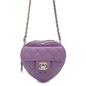 CHANEL Matelasse Herz Kette Schultertasche Lammfell Lila AP2784 - Bild 1 von 13