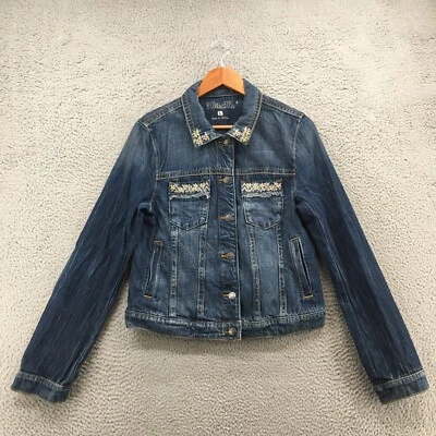 Miss Me Cropped Denim Jacket Womens Large Blue Button Front Collared Long Sleeve - Image 1 of 4