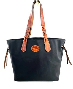 Dooney Bourke Black Nylon Large Shopper Tote Bag Brown Woven Leather Grommets - Picture 1 of 10