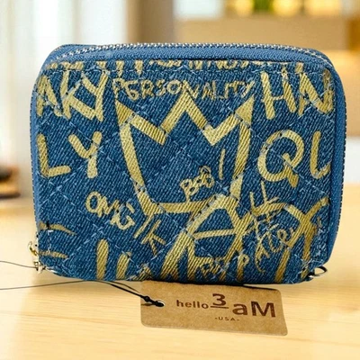 Cartera Bolsa Acolchada Azul Denim y Dorado Graffiti Hippie Nueva con Etiquetas Hola 3 AM Foto 1 de 4